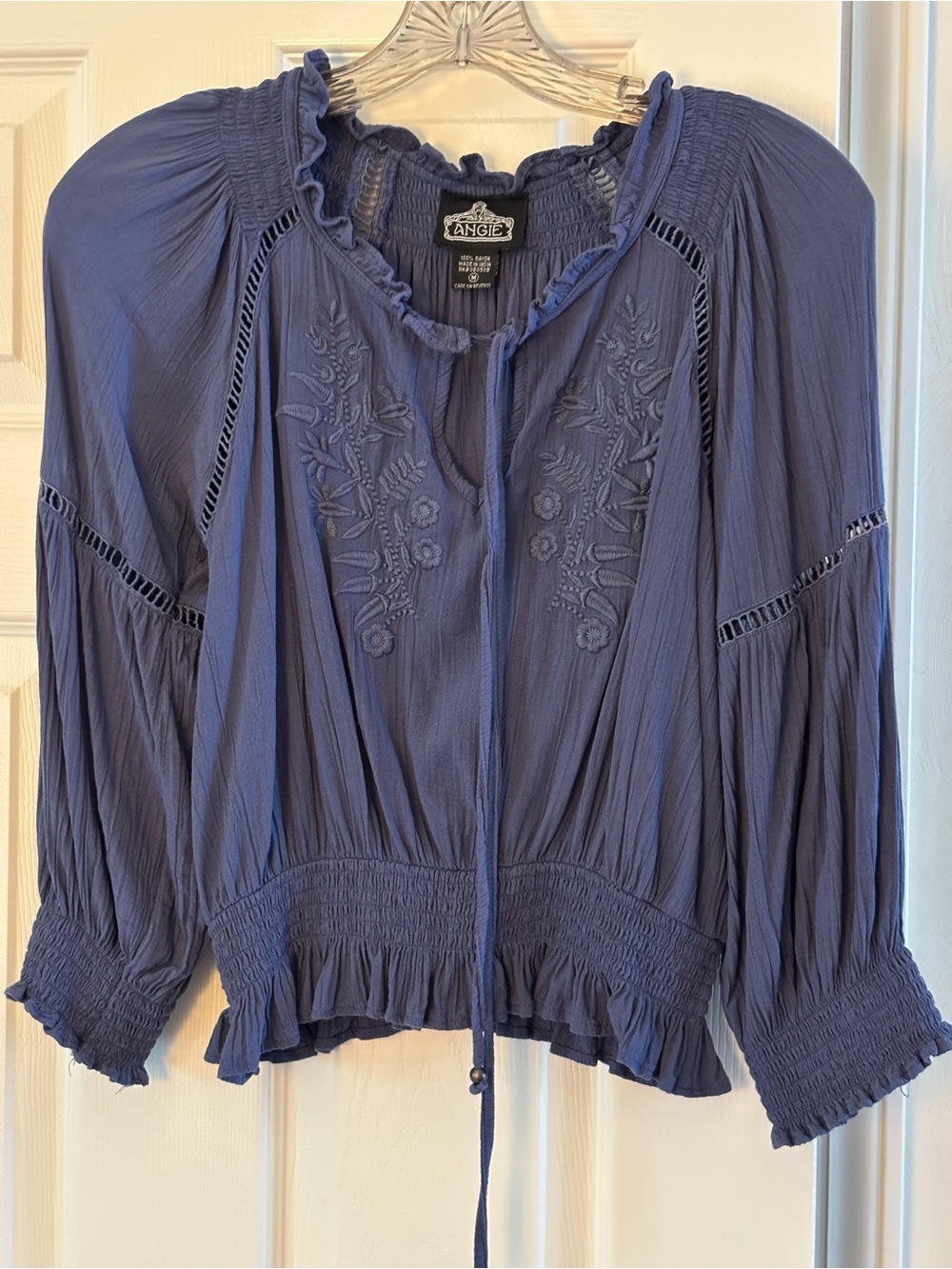 Angie Blue Embroidered Smocked Top. Size M